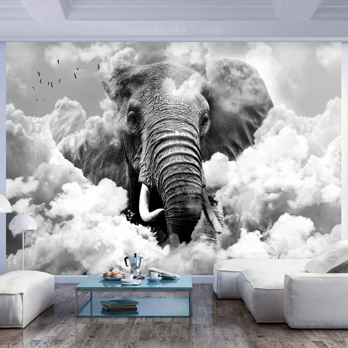 Paris Prix Papier Peint  Elephant in the Clouds Black & White