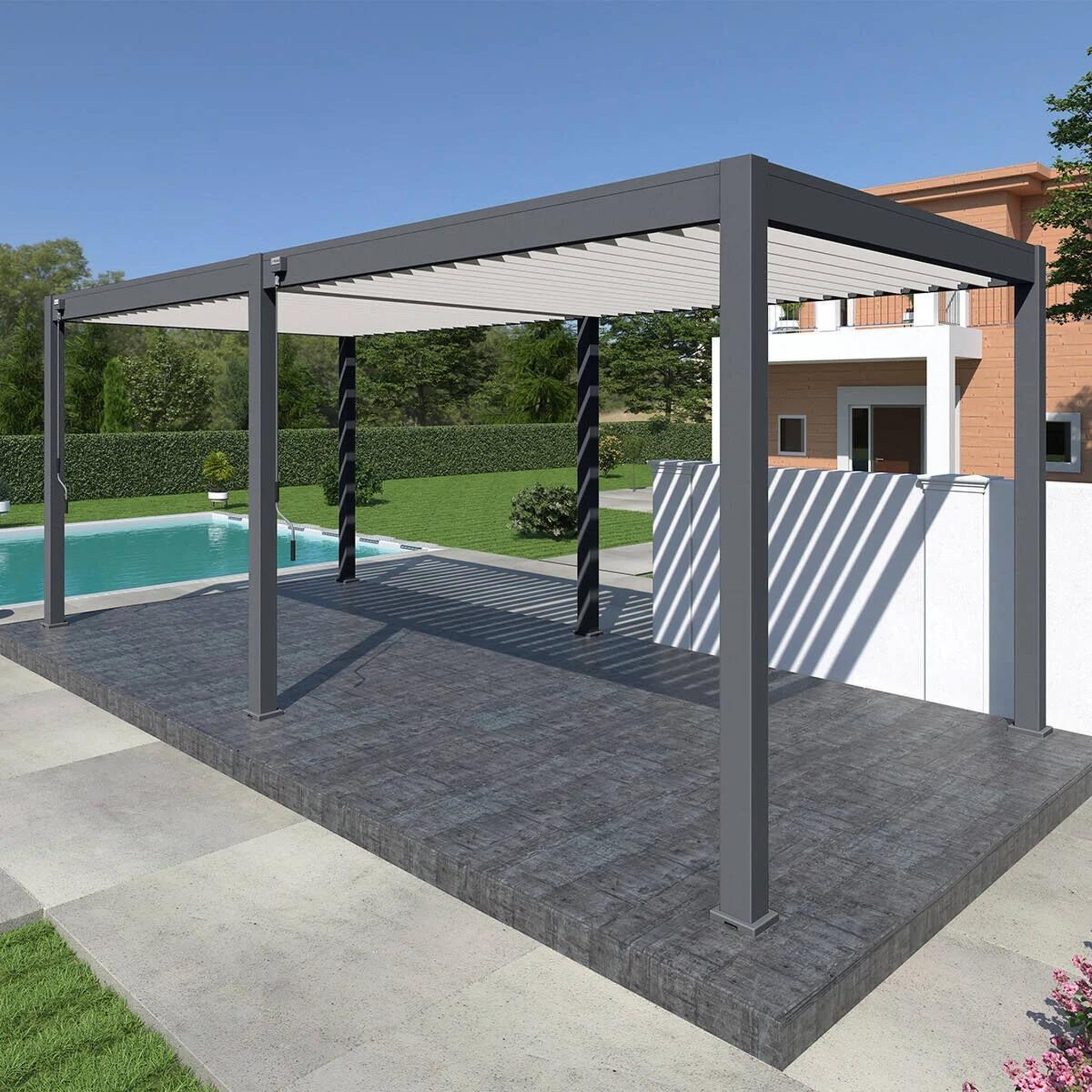 CENTRALE BRICO Pergola autoportante 6 x 3 m avec 2 stores de 3 m - aluminium anthracite et blanc - toiture bioclimatique étanche