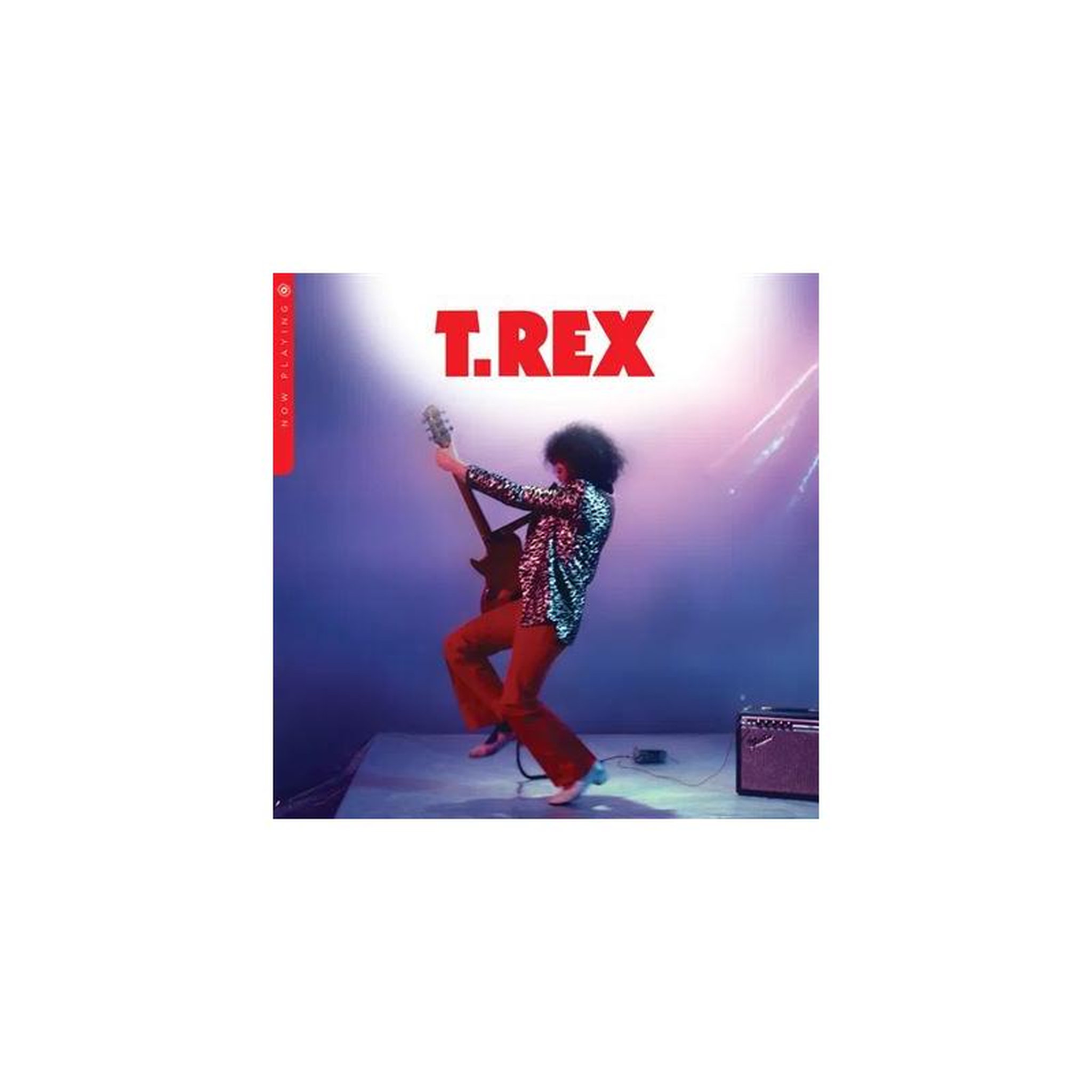 Vinyle t.rex  now playing, visuel violet/bleu à effets dégradés, lettrage rouge stylisé