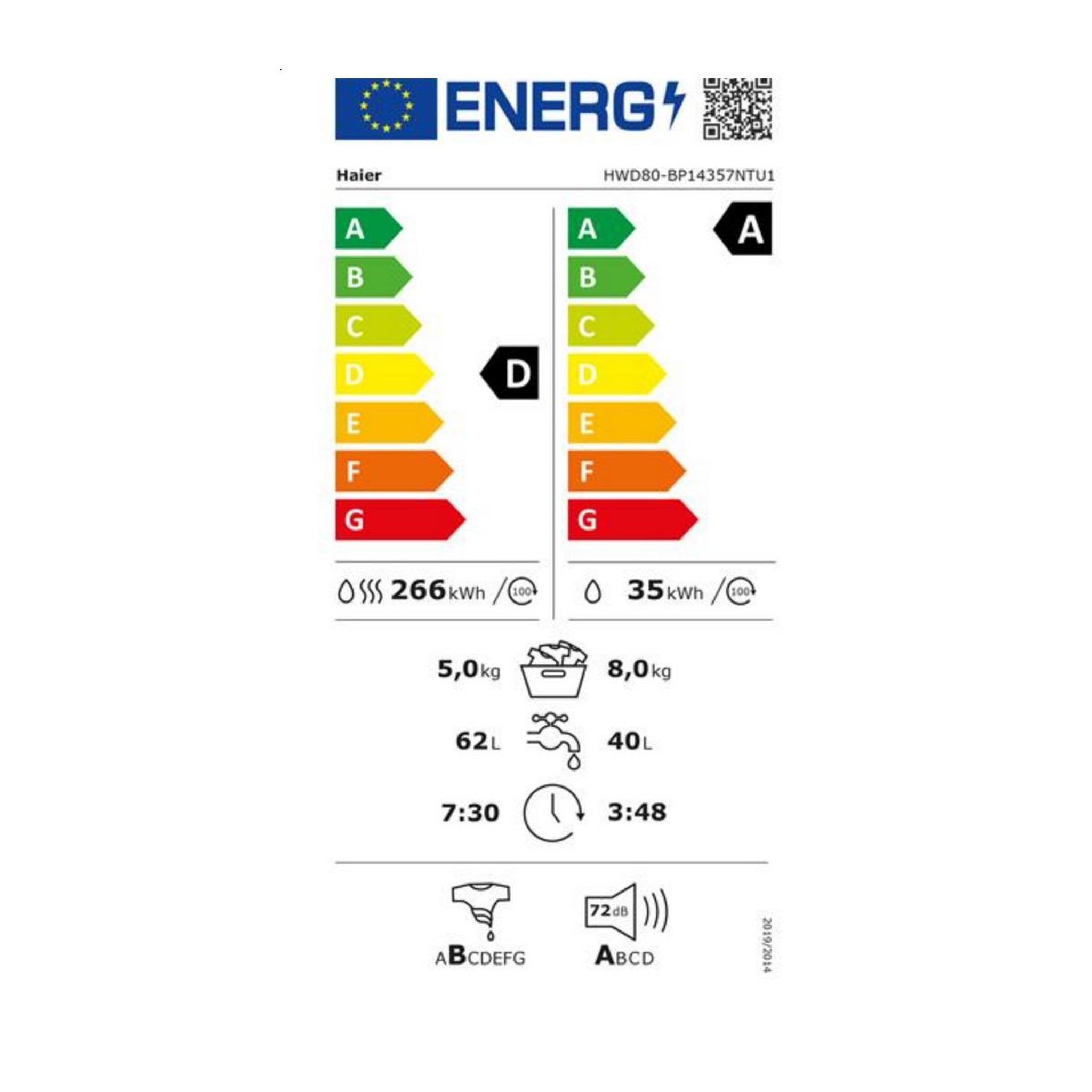 Voir la diapositive 2 : HAIER Lave-linge séchant frontal 8/5 kg 1400 tours/min - hwd8bp14357ntufr