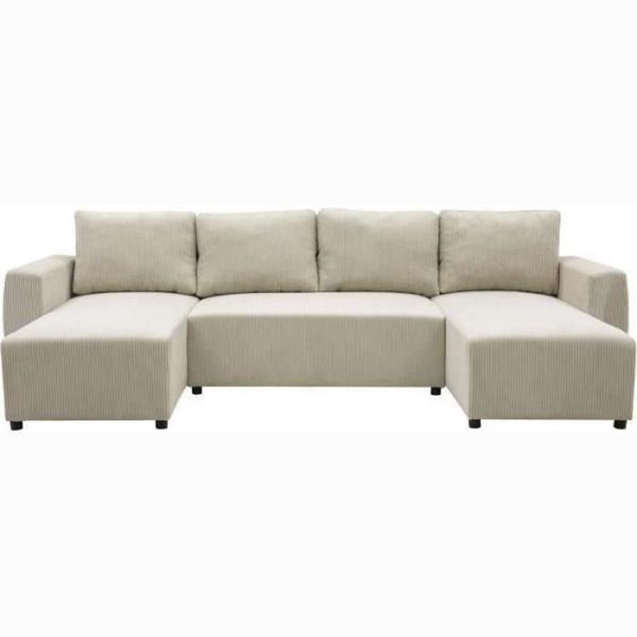 MARKET24 Canapé d'angle convertible panoramique PHARELL 7 places - Velours côtelé beige - Coffre de rangement - L297 x P155 x H85