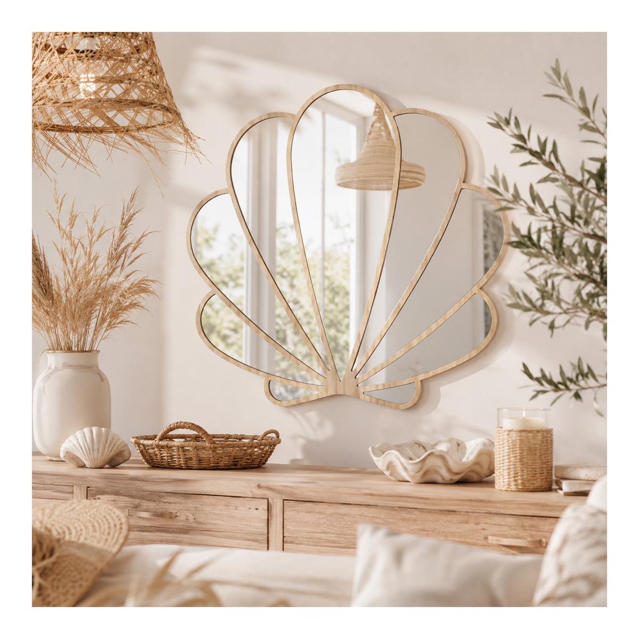 Voir la diapositive 4 : J-LINE Miroir mural  coquillage  50cm naturel