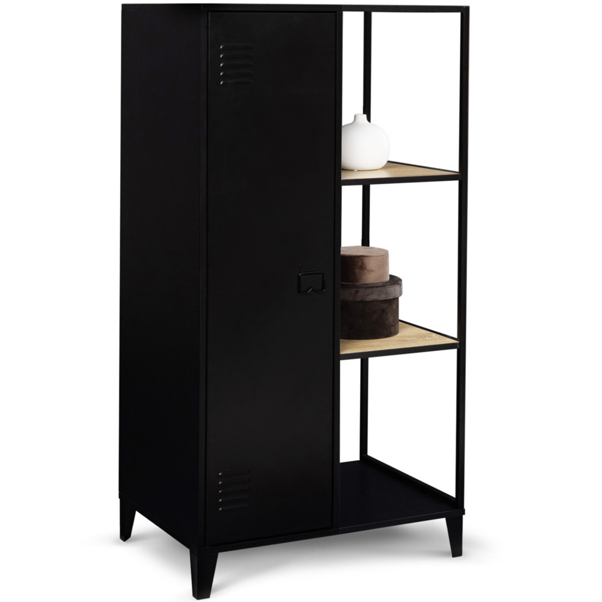 ID MARKET Armoire-étagère penderie ESTER 1 porte métal noir et bois design industriel