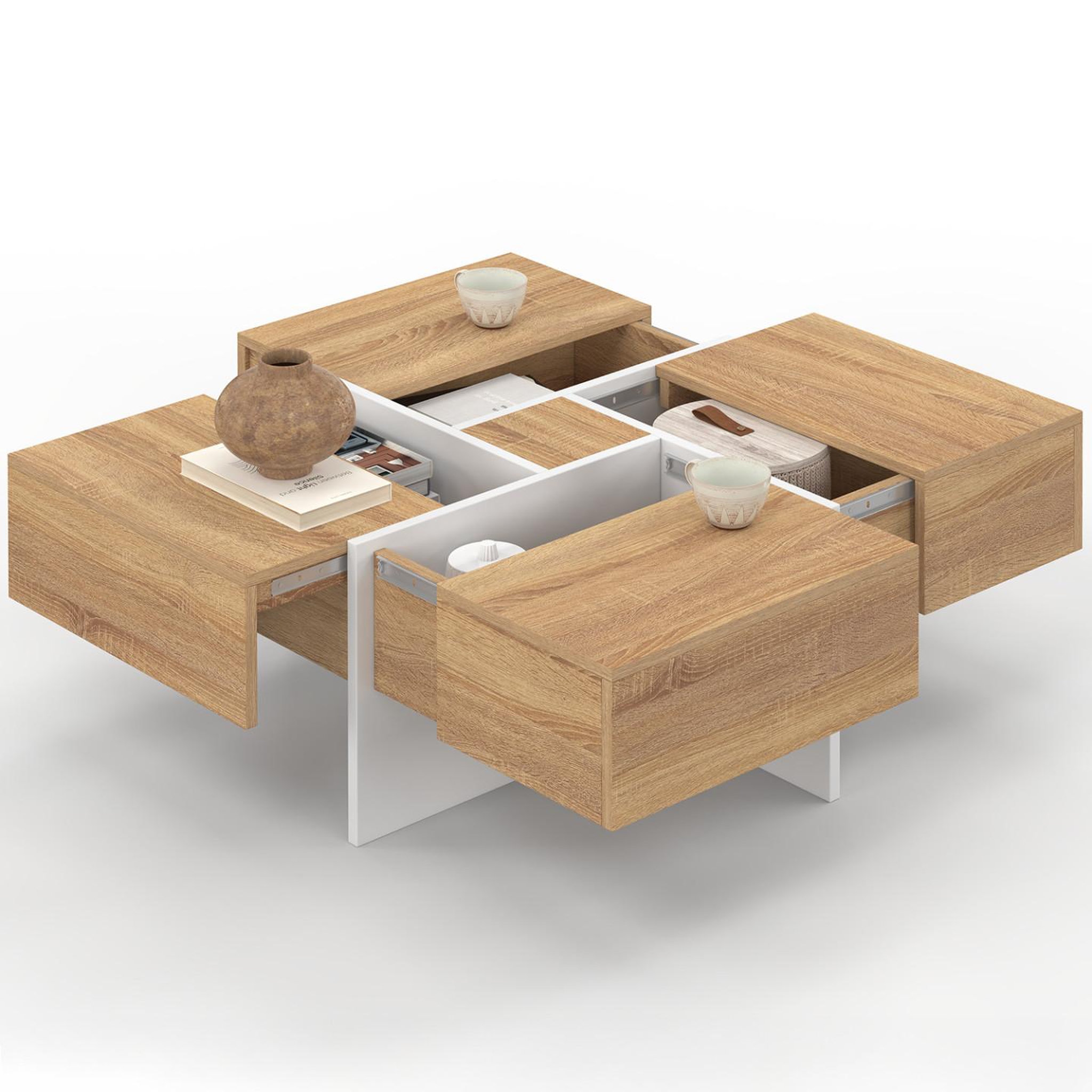 ID MARKET Table basse carrée talia 70 cm avec tiroirs bois et blanc