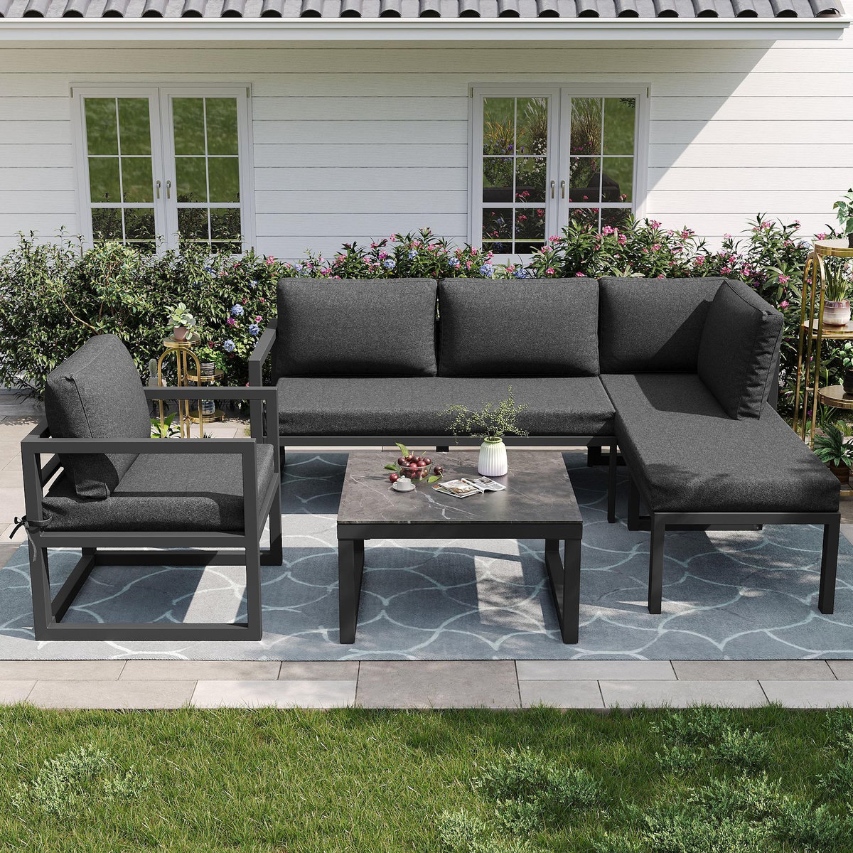 MERAX Salon de jardin module angle 6 places en fer avec pieds réglables, coussins, gris