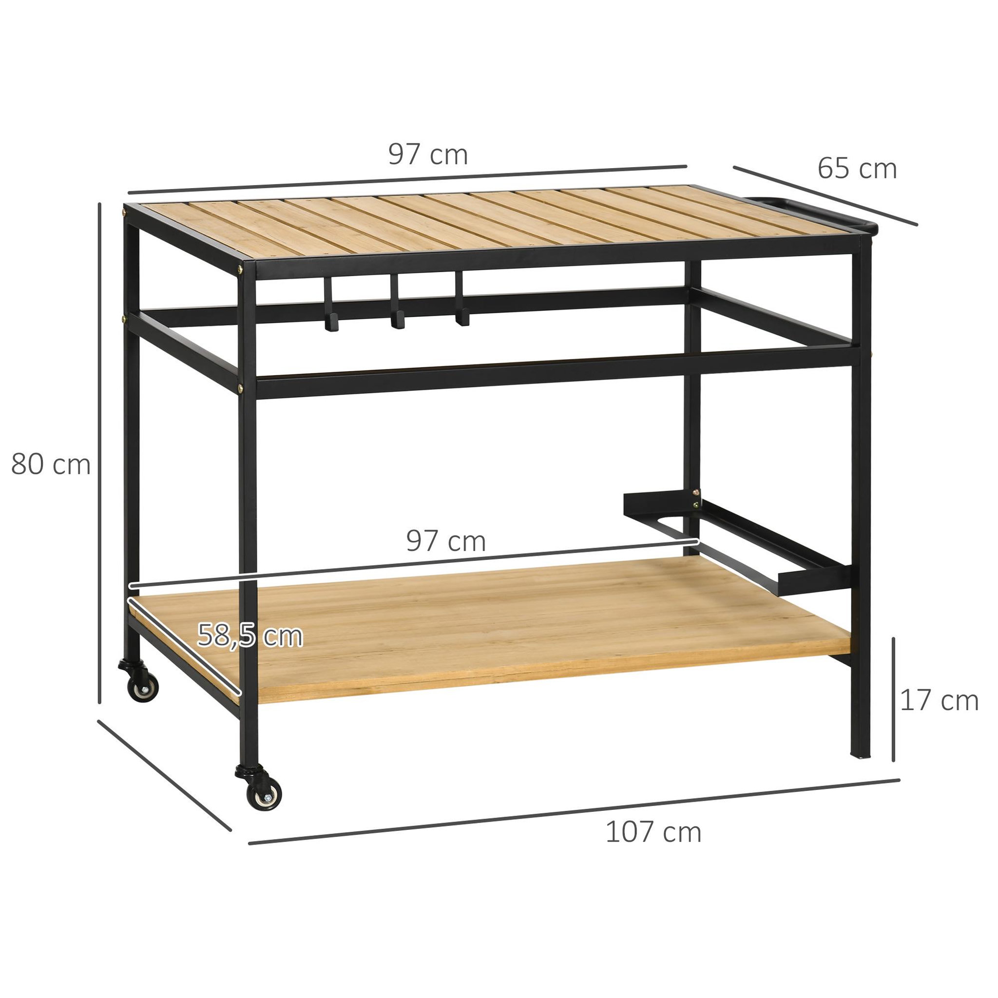 Voir la diapositive 3 : OUTSUNNY Desserte de jardin chariot pour plancha barbecue en bois et métal avec 2 étagères et 3 crochets - 107 x 65 x 80 cm noir naturel