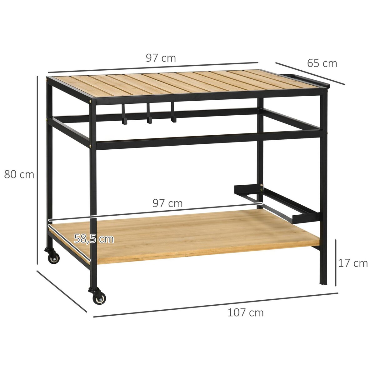 OUTSUNNY Desserte de jardin chariot pour plancha barbecue en bois et métal avec 2 étagères et 3 crochets - 107 x 65 x 80 cm noir naturel