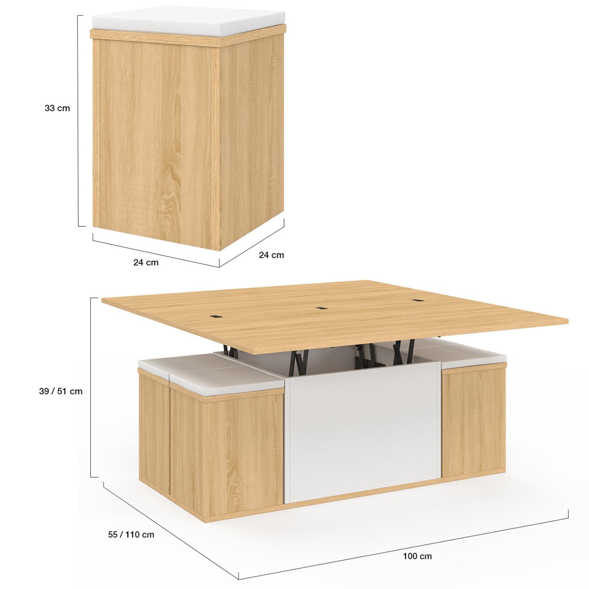 Voir la diapositive 6 : ID MARKET Table basse plateau relevable rectangulaire convertible en table à manger eden 100 cm bois et blanc avec poufs