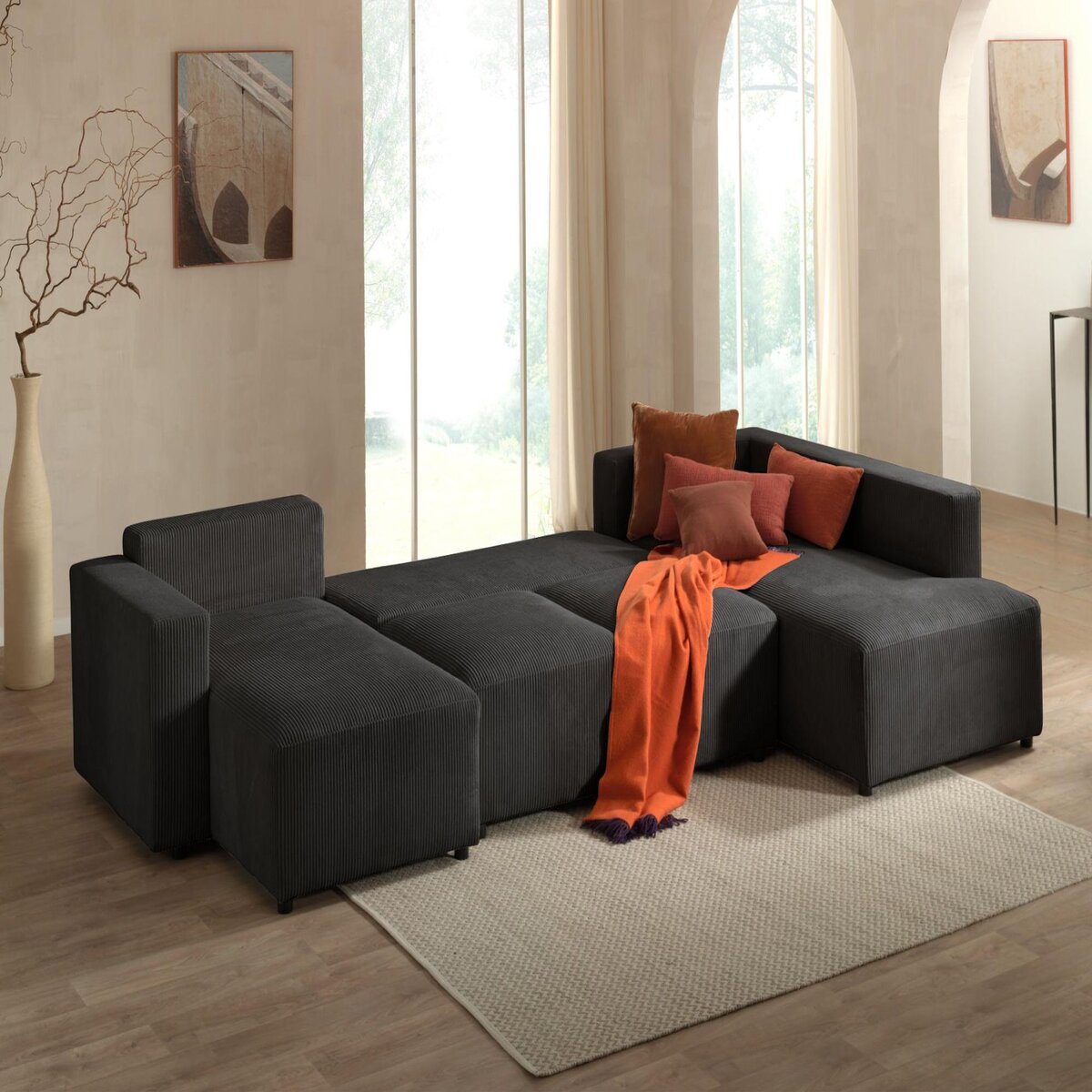 LISA DESIGN Livy - canapé panoramique convertible - avec coffre - en velours côtelé - 7 places - droit