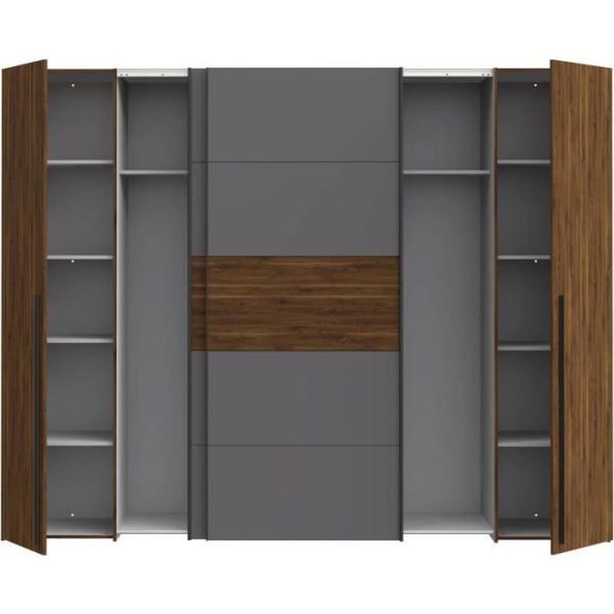 Voir la diapositive 6 : MARKET24 Armoire NARAGO - Décor Noyer Bakersfield et gris - 2 portes coulissantes + 2 portes battantes - L270 x P61 x H210 cm