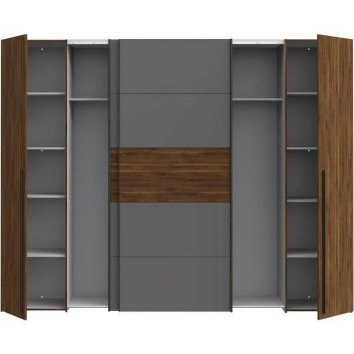 MARKET24 Armoire NARAGO - Décor Noyer Bakersfield et gris - 2 portes coulissantes + 2 portes battantes - L270 x P61 x H210 cm