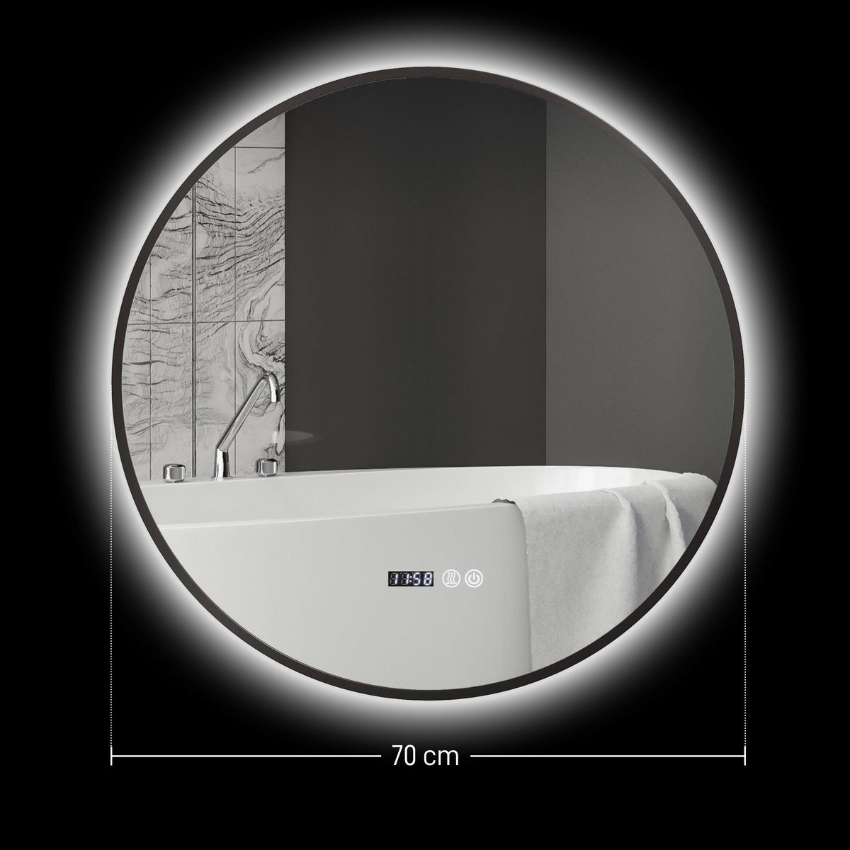 HOMCOM Miroir LED rond salle de bain Ø 70 cm - luminosité réglable, fonction anti-buée, tactile, affichage heure-température - métal noir