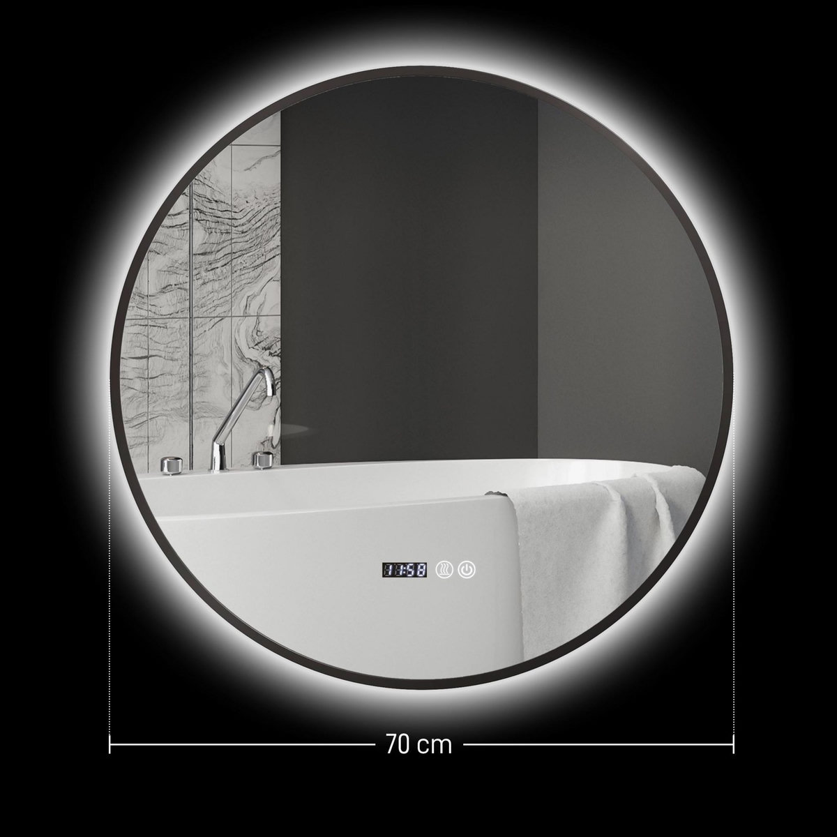 HOMCOM Miroir LED rond salle de bain Ø 70 cm - luminosité réglable, fonction anti-buée, tactile, affichage heure-température - métal noir