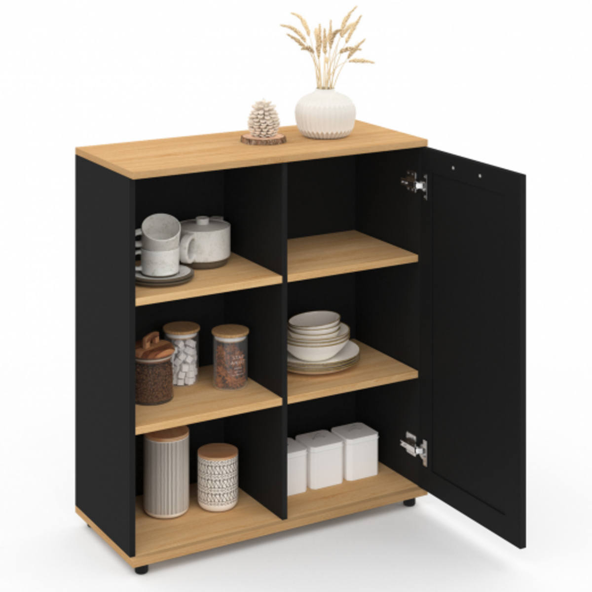 ID MARKET Buffet d'appoint 70 cm VITO 3 étagères et placard noir et plateau bois