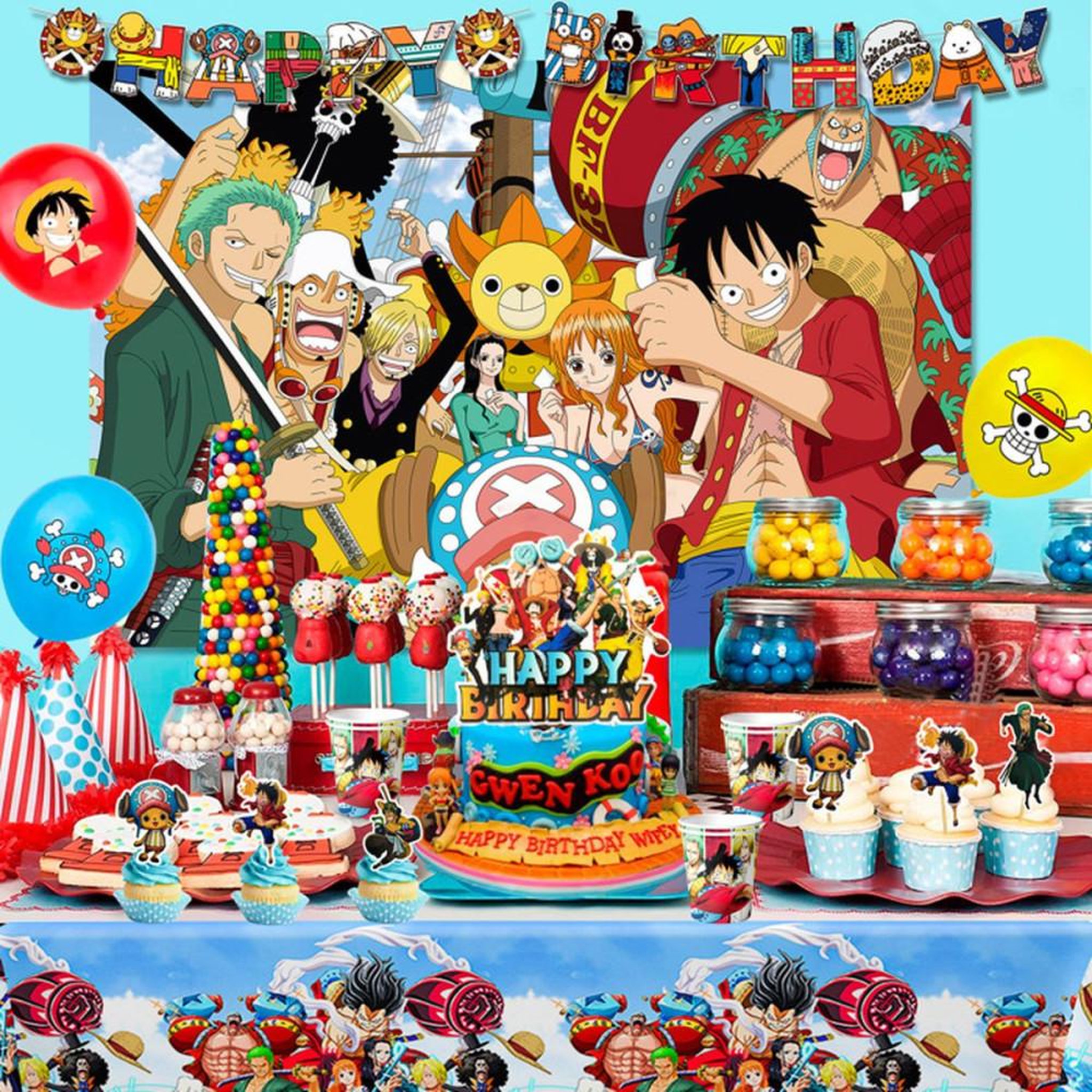 Voir la diapositive 3 : Set de décoration anniversaire Pirate One Piece pour enfants, 15 fanions, 1 fond imprimé, 12 ballons, assiettes, serviettes, couverts et toppers
