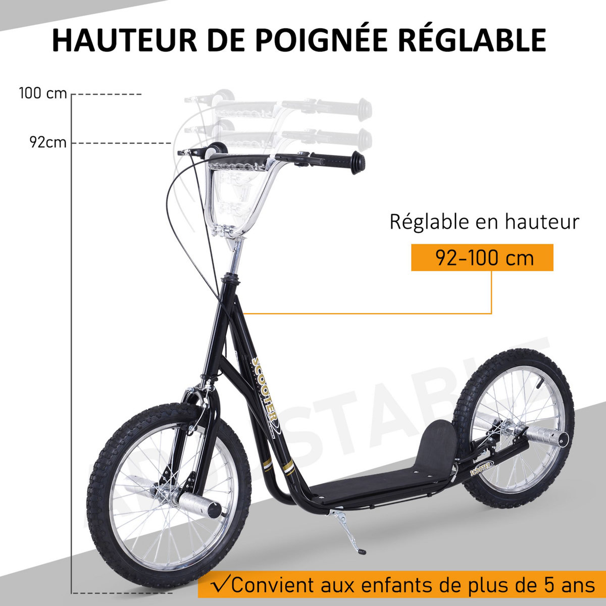 HOMCOM Trottinette patinette freestyle grandes roues pneumatiques Ø 41 cm hauteur guidon réglable béquille pegs inclus acier noir