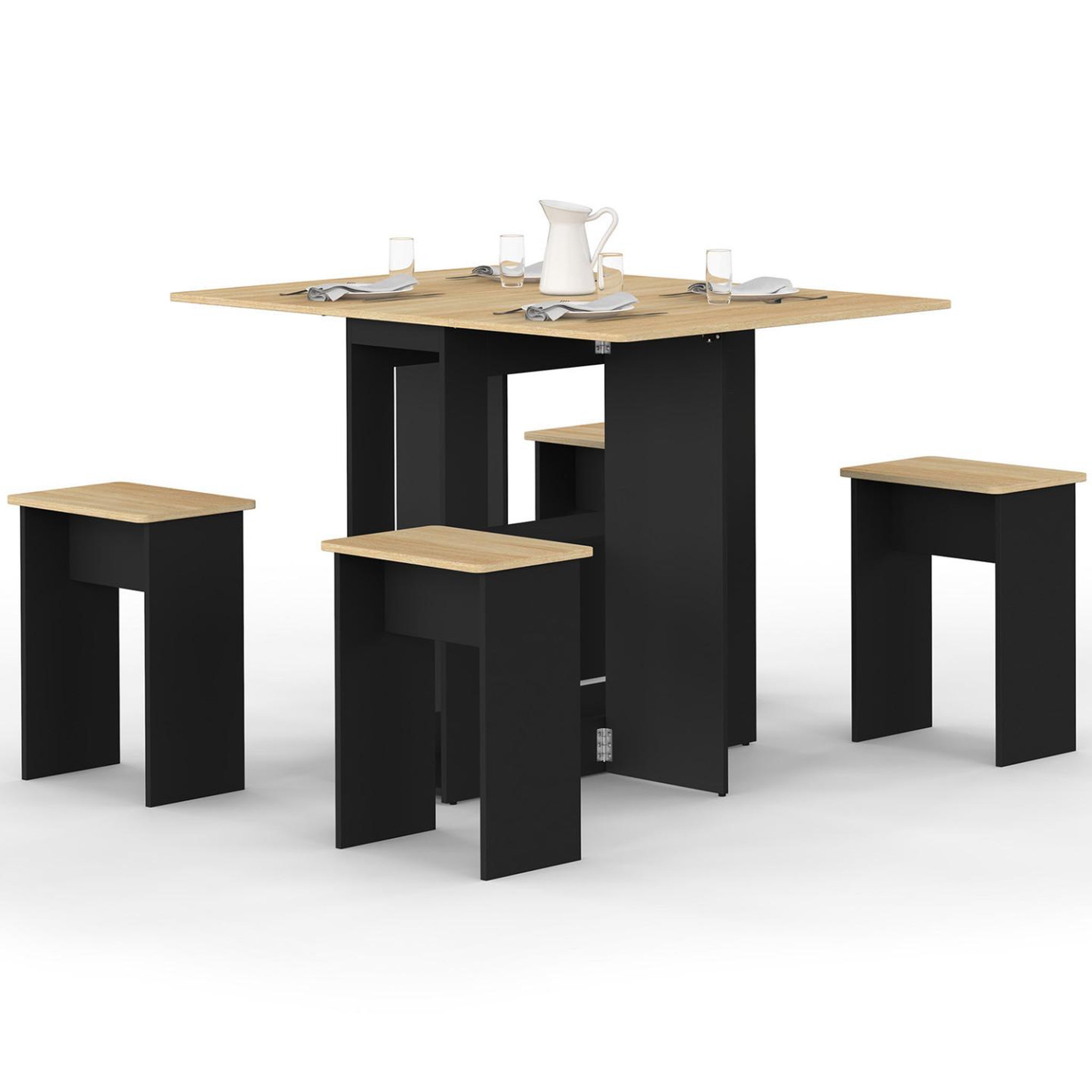 ID MARKET Ensemble table console pliable EDI 2-4 personnes bois noir et plateau façon hêtre avec 4 tabourets