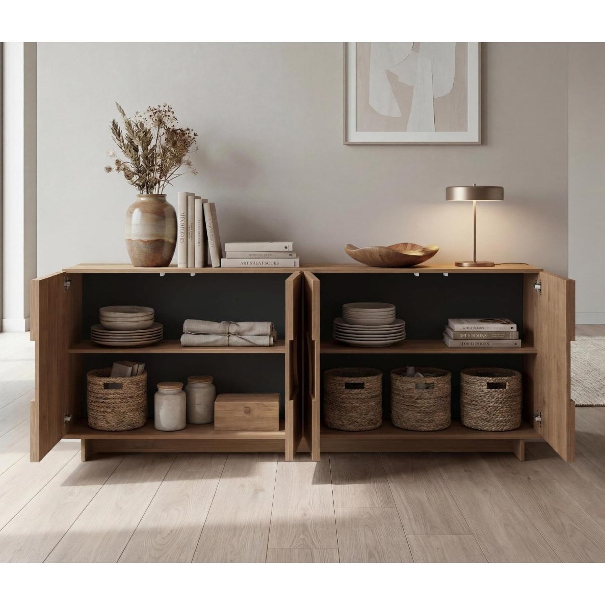 Voir la diapositive 5 : JLC KREATION Buffet bas design effet noyer portes motifs ronds 205cm zaz