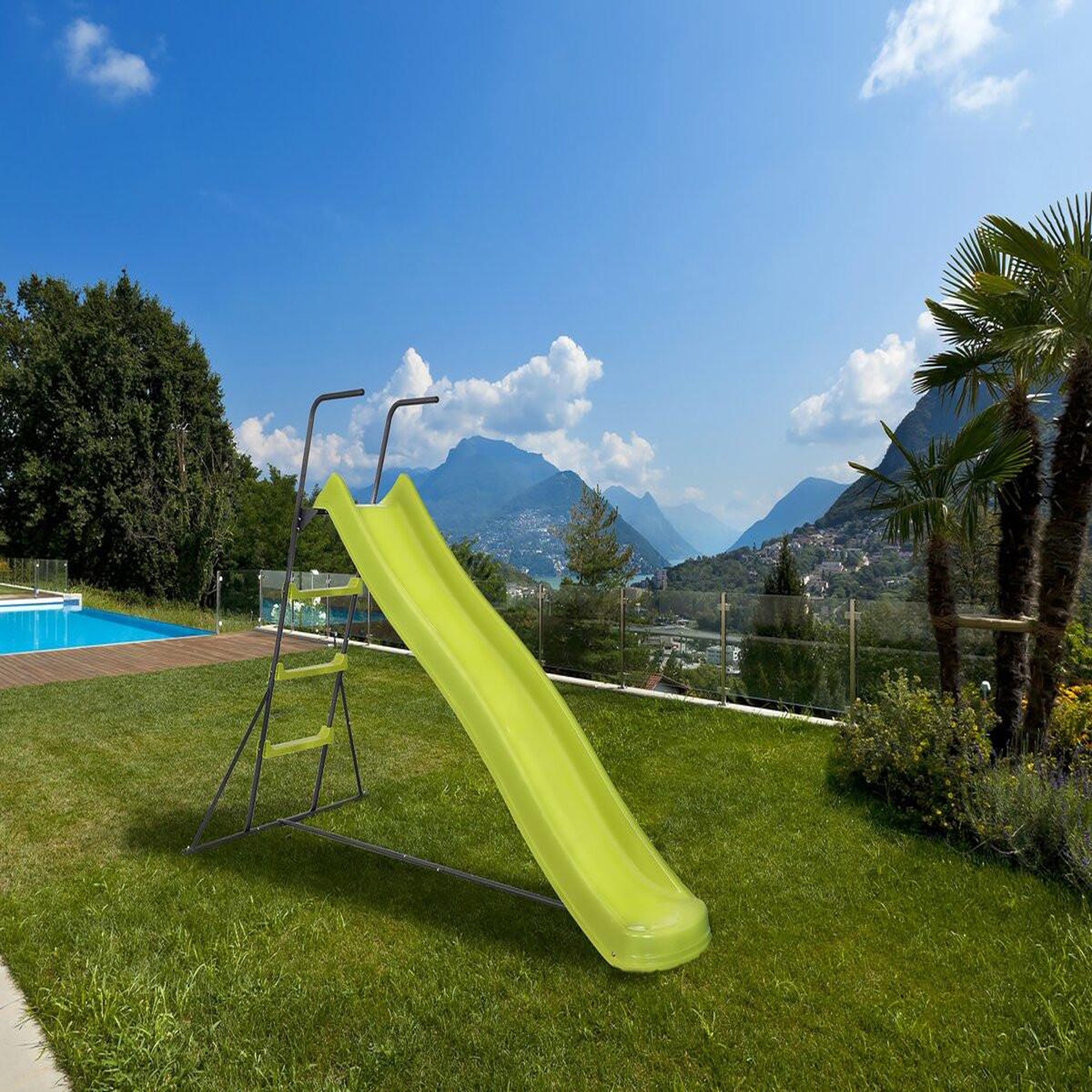 Voir la diapositive 2 : Habitat et Jardin Toboggan de jardin à double vague  poly  en vert - 240 x 120 x 156 cm