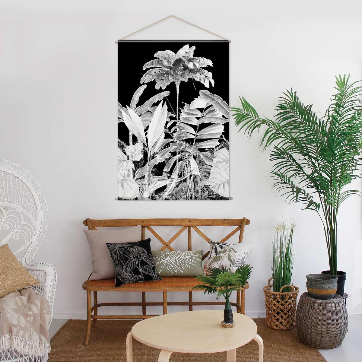 TOILINUX Toile murale imprimée palmier - 90 x 130 cm - Noir et blanc