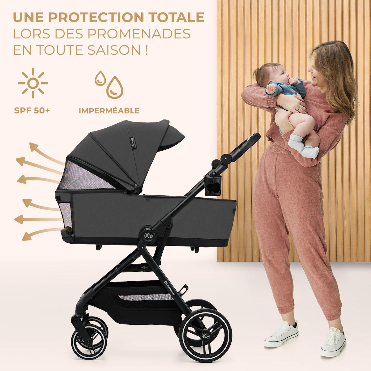 KINDERKRAFT Poussette 2 en 1 avec nacelle, roues anti-crevaison et accessoires