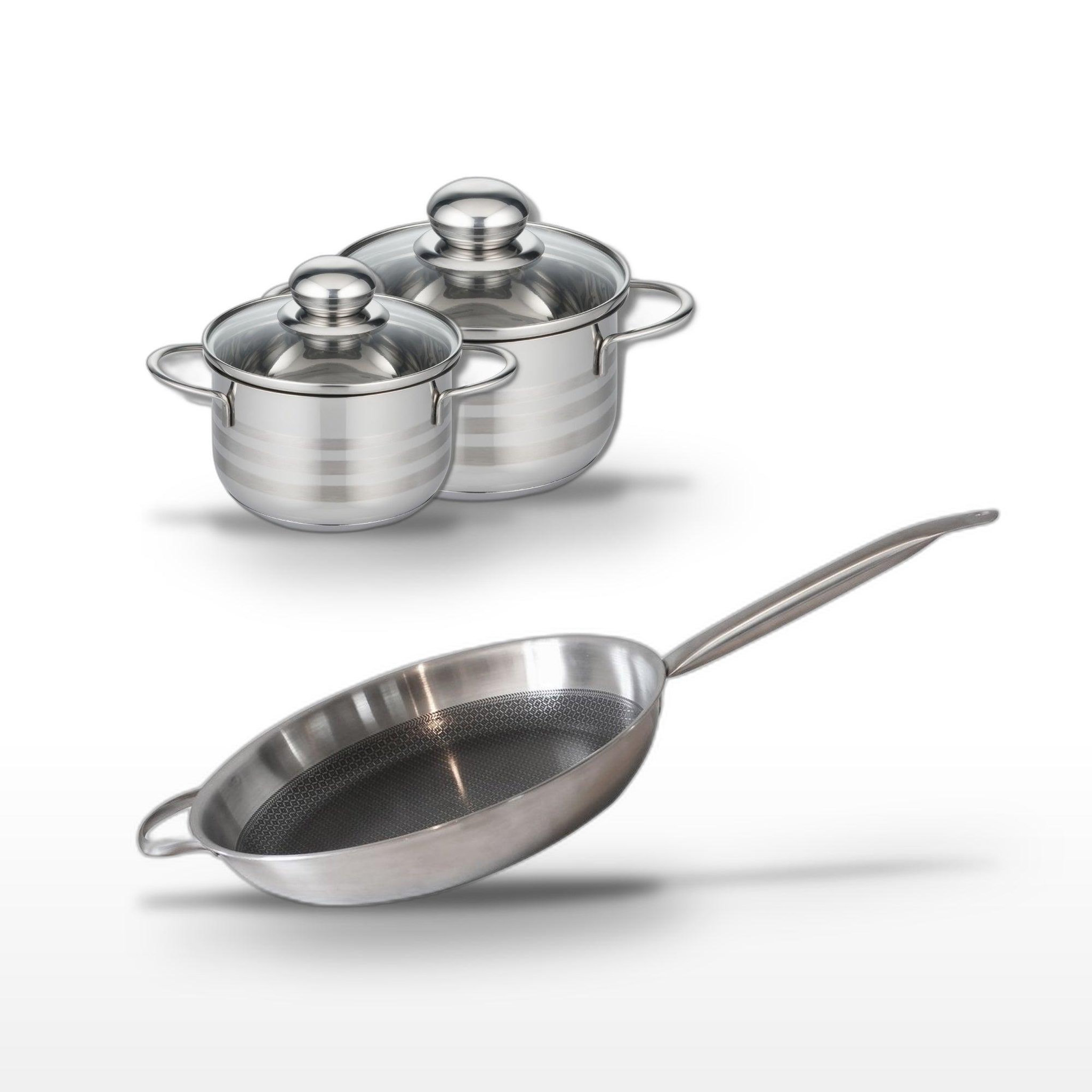 ELO Batterie de cuisine avec 1 poêle 32 cm en acier et 2 faitouts 12/14 cm en inox sans pfas elo collection relief solution brillant