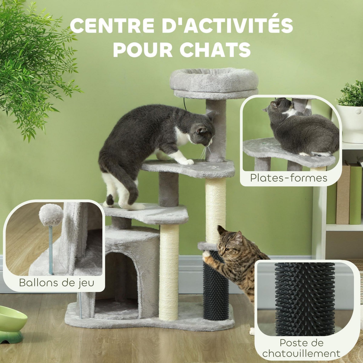 PAWHUT Arbre à chat H.87 cm 3 niv. - griffoirs, niche, bande massante, tour observation, boules - gris clair