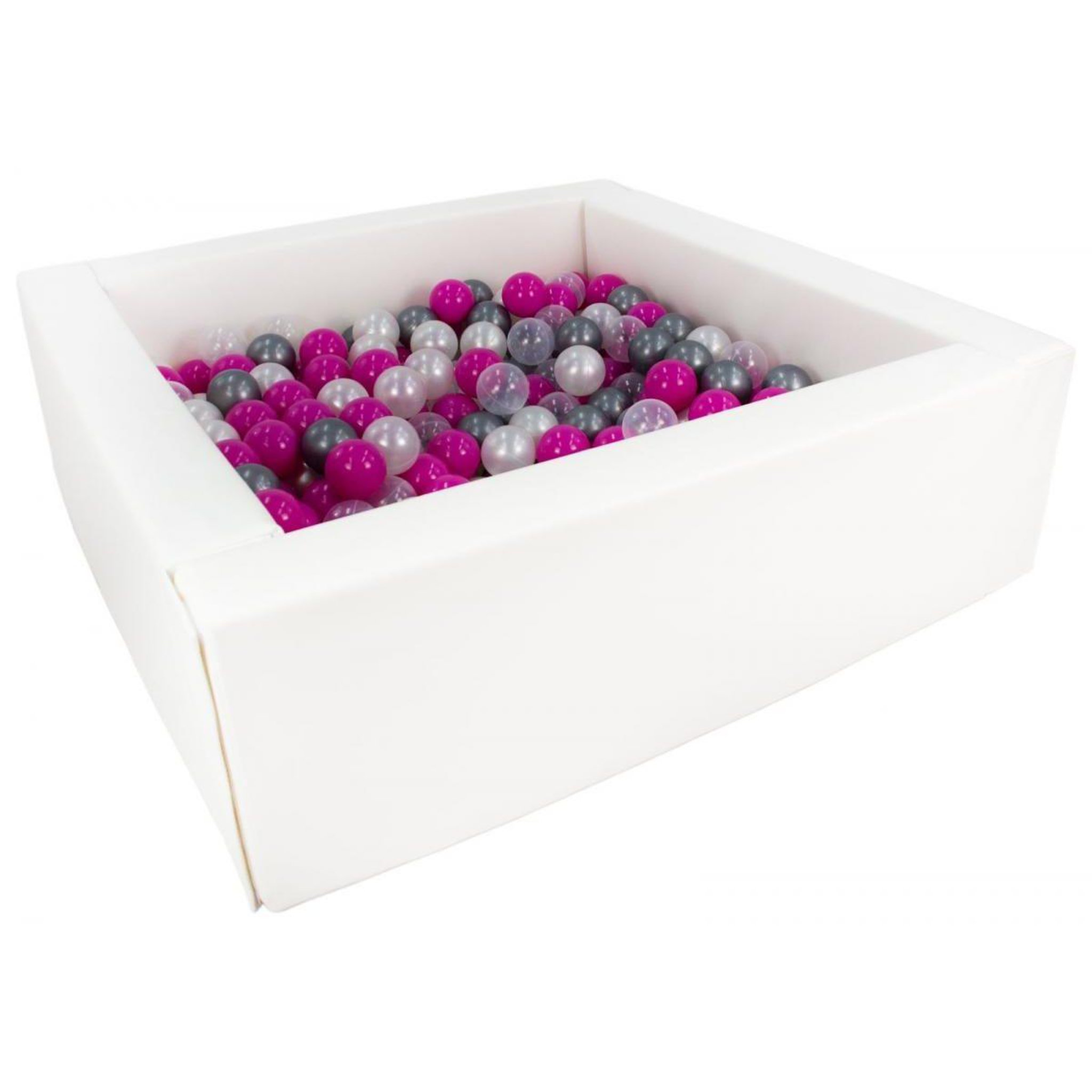 VELINDA Piscine à balles carrée avec 300 balles - blanc/perle, transparent, rose, argent