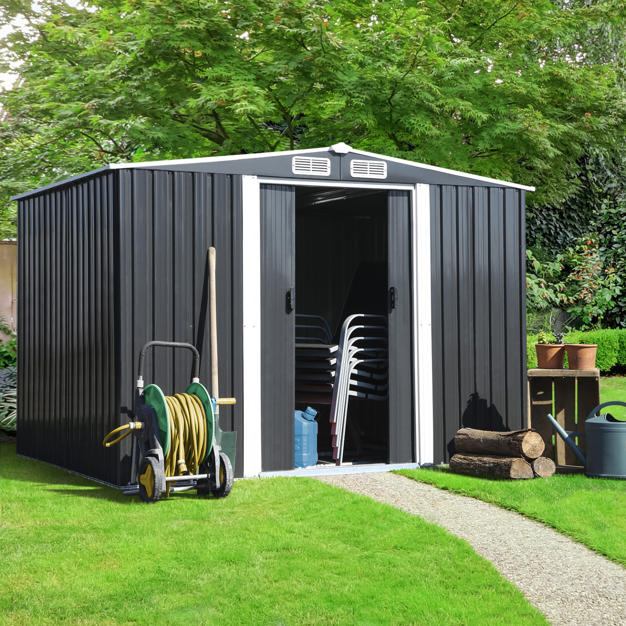 Voir la diapositive 2 : ID MARKET Abri de jardin 5,3 m² gris en acier galvanisé avec base