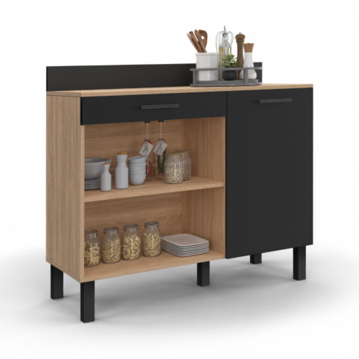 ID MARKET Buffet bas de cuisine 100 CM CINA plan de travail H.83 cm 1 porte + 1 tiroir façon hêtre et noir