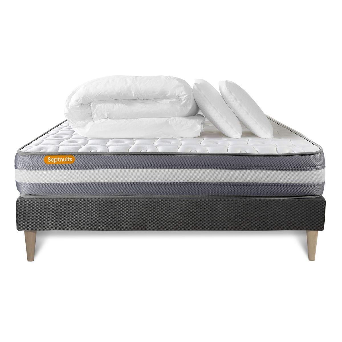 SEPTNUITS PACK matelas + sommier kit gris Memo Plus Mémoire de forme + 2 oreillers + couette