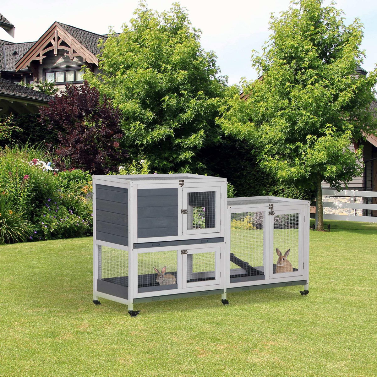 PAWHUT Clapier à lapin sur roulettes 2 niveaux - niche, rampe, plateaux, portes - métal bois blanc gris