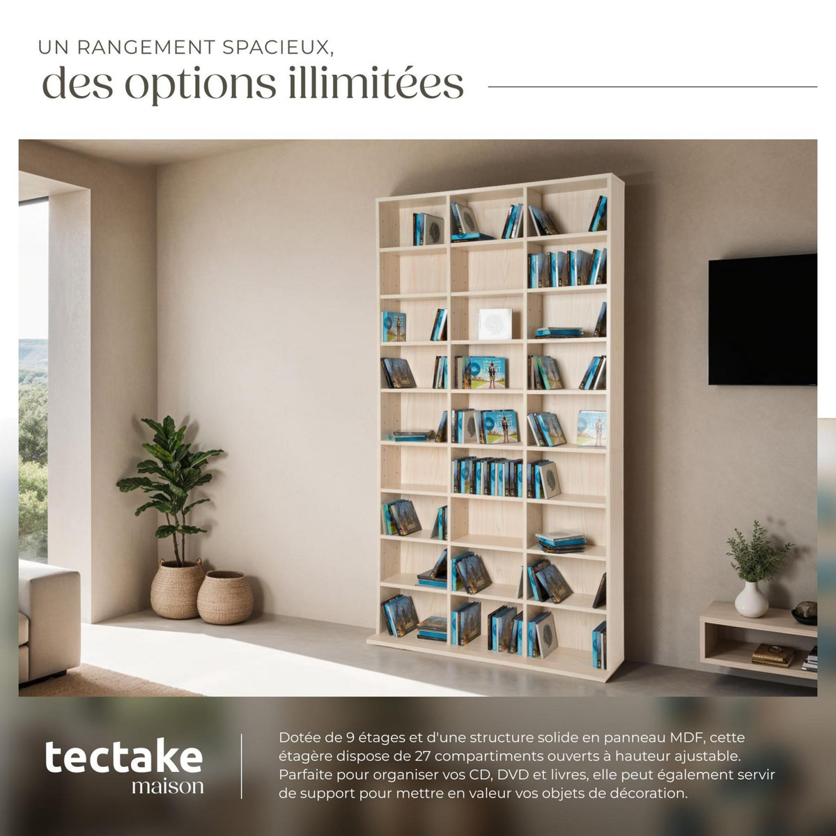 tectake Étagère DVD CD aspect bois marron hêtre