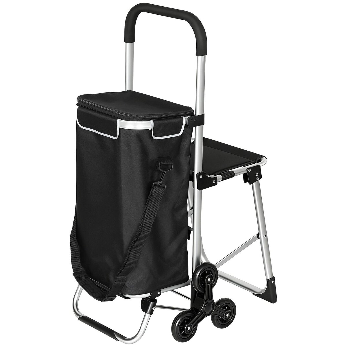 HOMCOM Chariot de courses pliable 3 en 1 tabouret sac à bandoulière 40L poignée telescopique compartiment isotherme alu noir