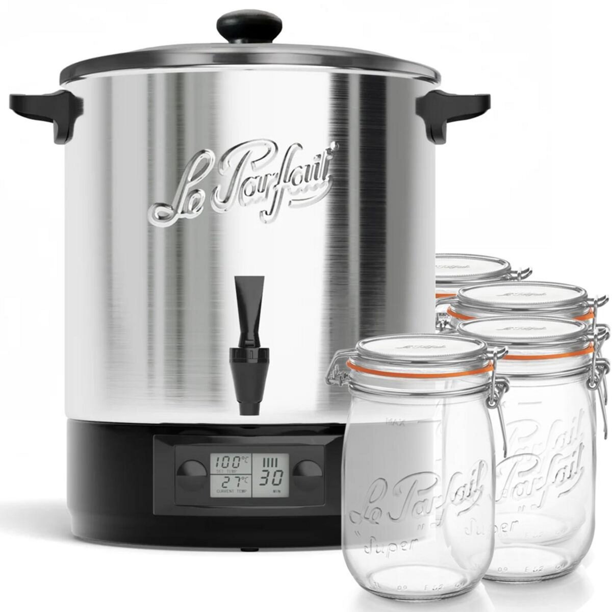 Le parfait Stérilisateur de bocaux électrique cuve inox avec robinet 23l 2500w + 4 bocaux de 1l - LPF.STV23INA