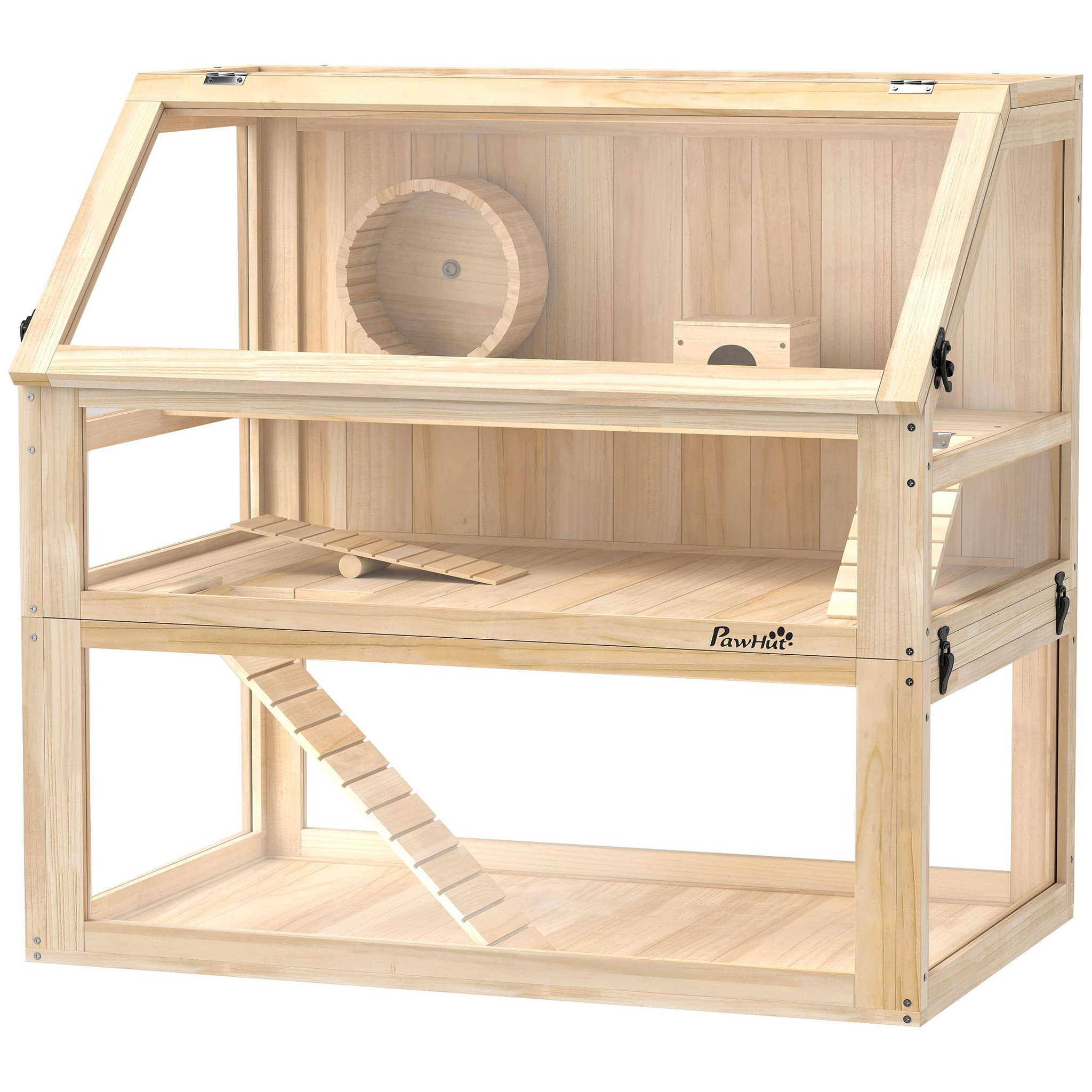 PAWHUT Cage rongeur hamster en bois dim.80x50x76cm 3 niveaux rampes roue bascule cabane