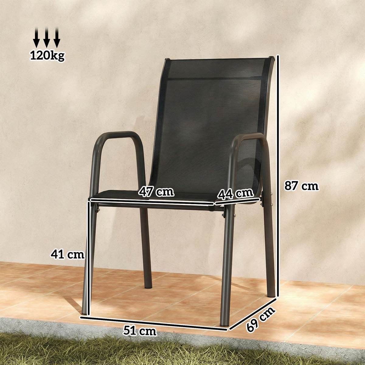 OUTSUNNY Lot de 4 chaises de jardin empilables métal textilène noir
