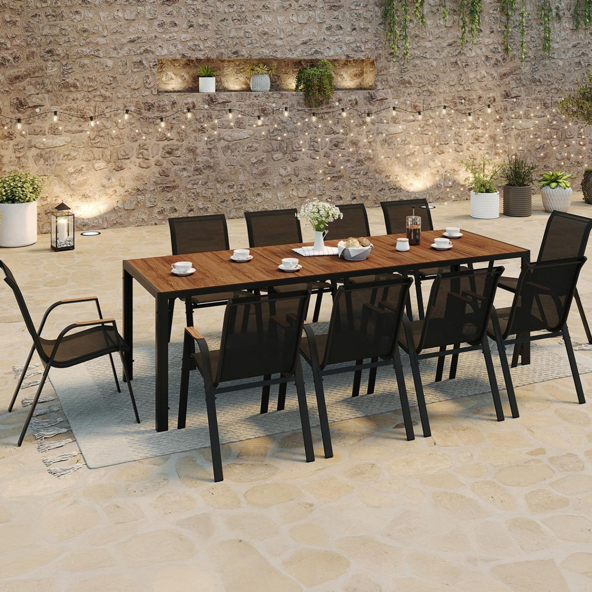 ID MARKET Salon de jardin NOUMEA table 240 cm plateau verre trempé effet bois et 10 chaises empilables noir et bois