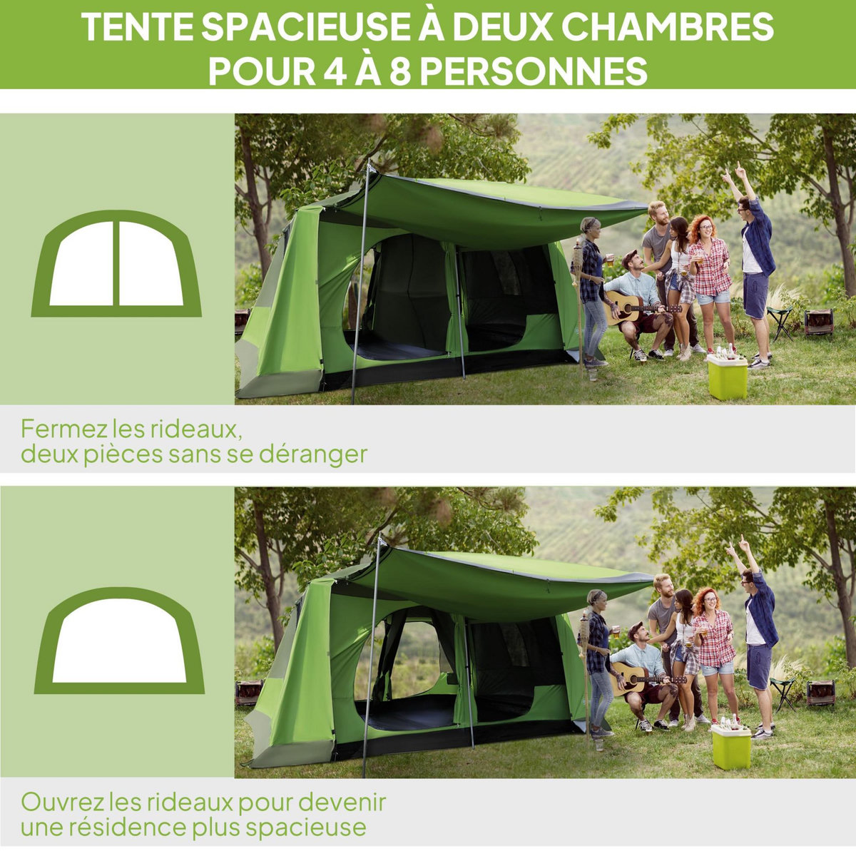 OUTSUNNY Tente de camping familiale avec porche 4 à 8 personnes sac de transport inclus vert