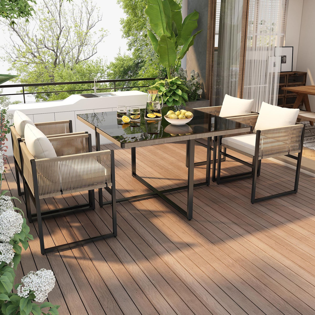 MERAX Salon de jardin repas 4 places en fer avec table verre trempé, 4 chaises empilables, noir