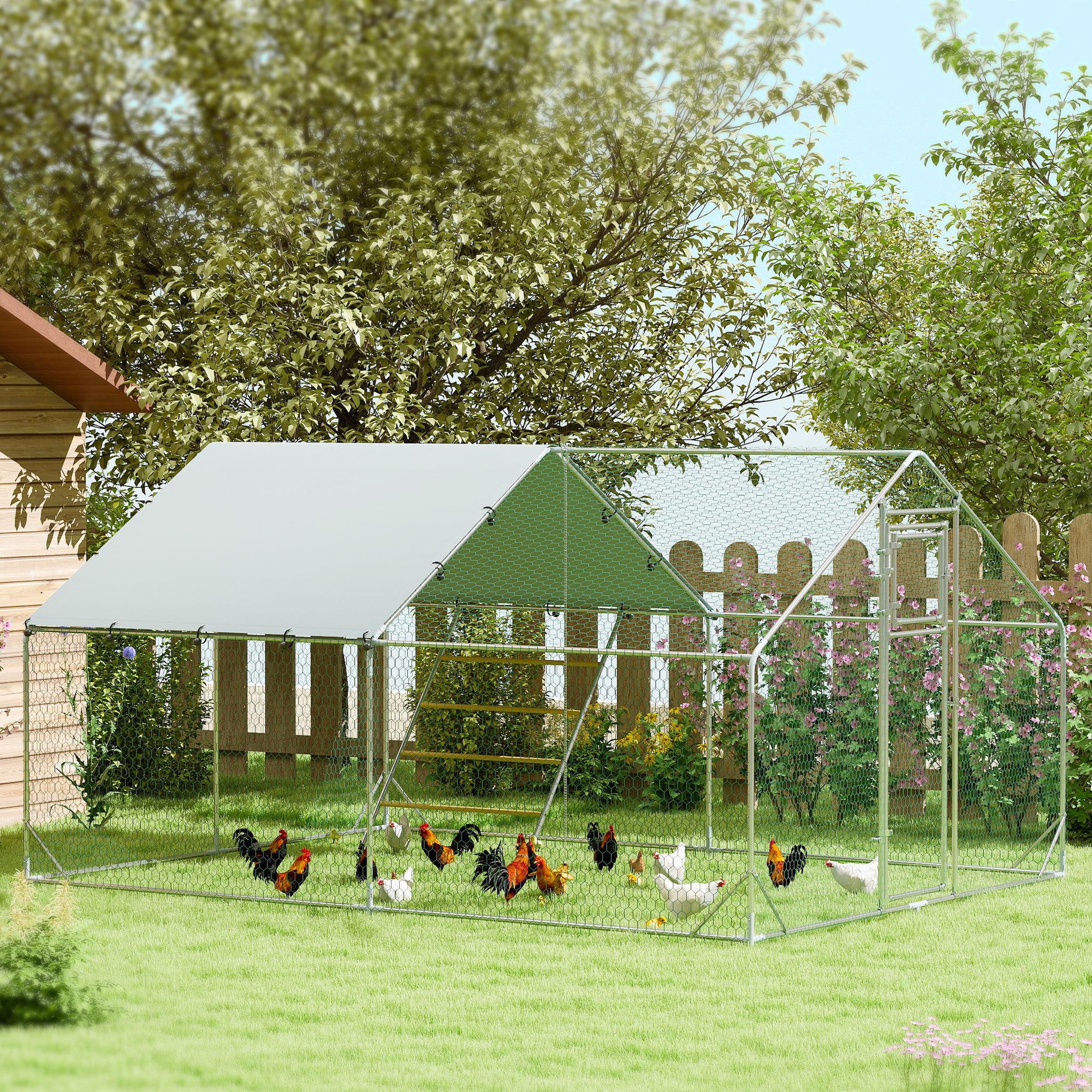 Voir la diapositive 2 : PAWHUT Enclos poulailler 12 m² espace couvert - perchoir, mangeoire à suspendre, porte, bâche - 4 x 3 x 1,95 m - acier gris