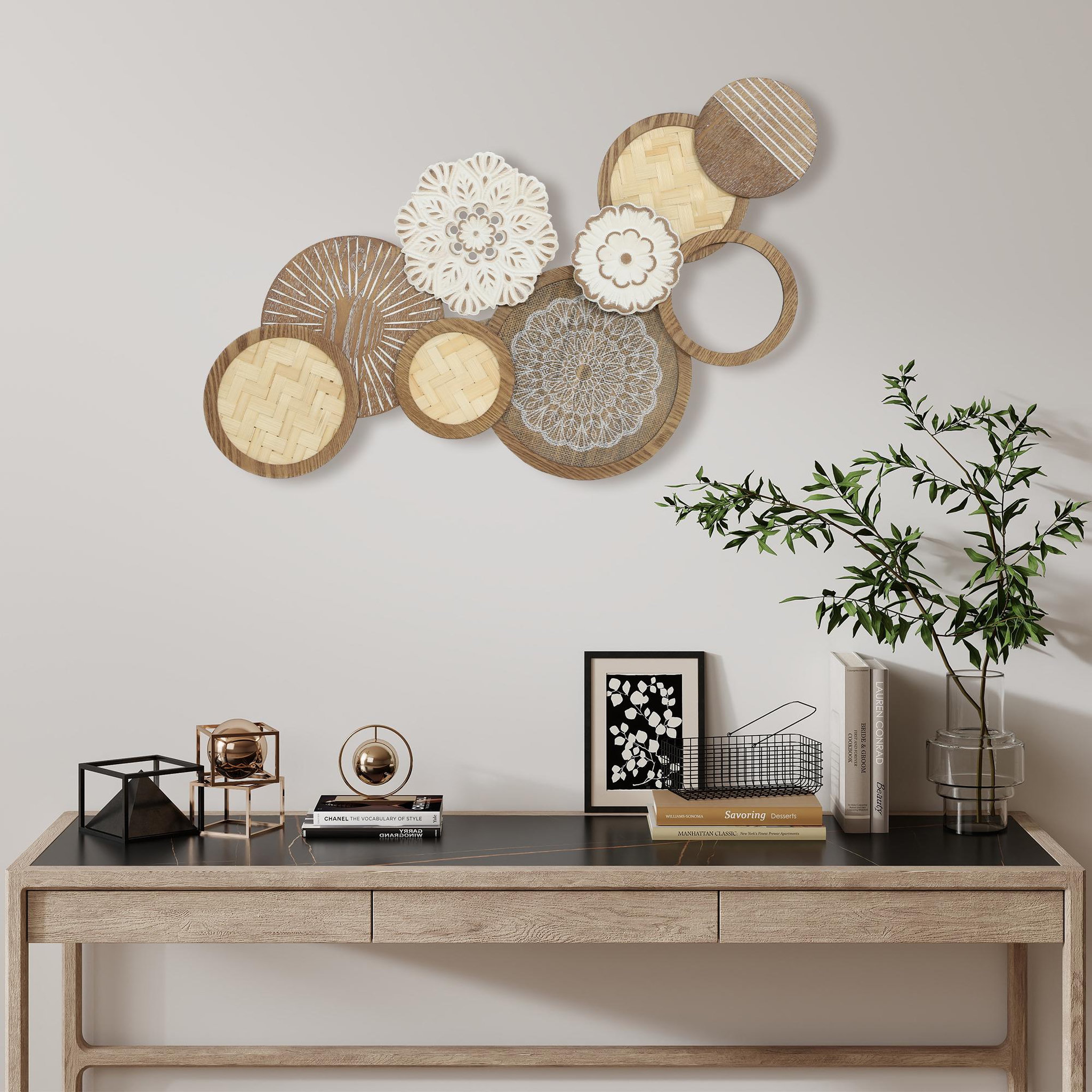 Voir la diapositive 2 : HOMCOM Décoration murale bois naturel géométrique 7 disques 2 fleurs - 83 x 44 cm