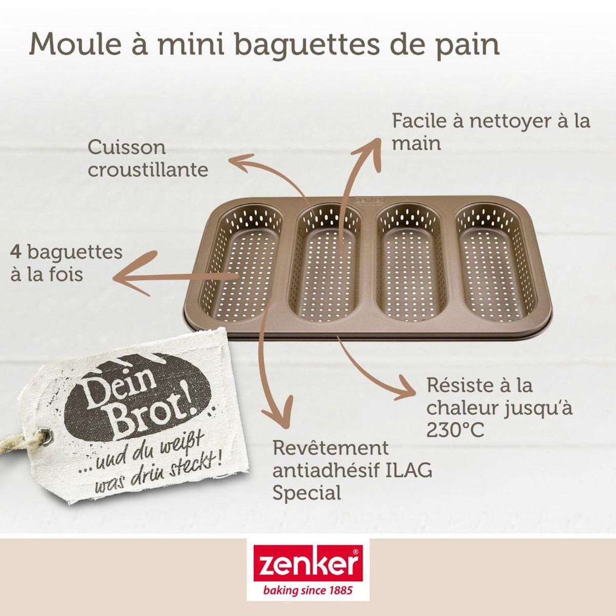ZENKER Set pâtisserie avec moule perforé 4 mini baguettes 33 x 22 cm en acier, 2 bols à mixer, verre mesureur et spatule Zenker