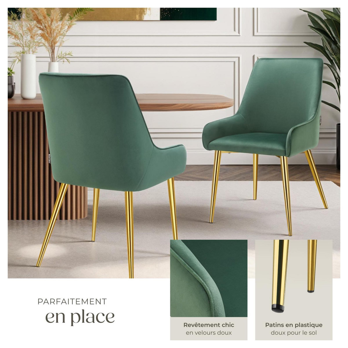 tectake Chaise rembourrée en velours rembourré vert Lot de 2