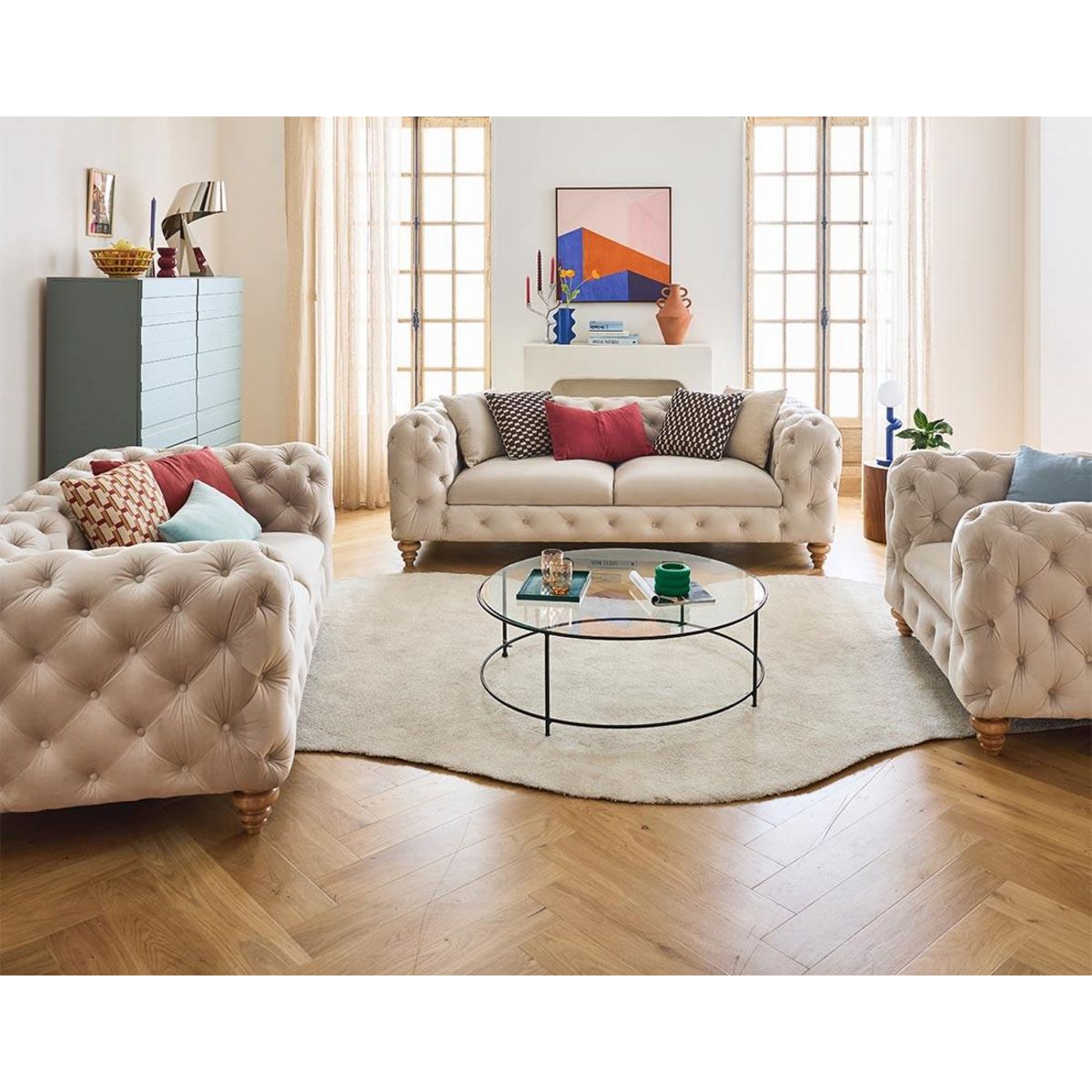 LISA DESIGN Walter - canapé 3 places chesterfield en velours - pieds bois