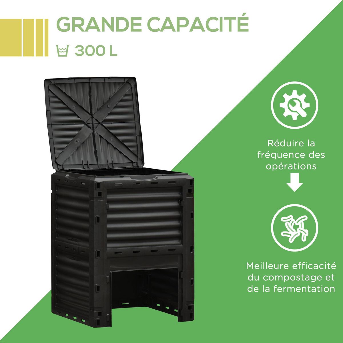 OUTSUNNY Composteur de jardin 300L - grande porte et couvercle - aération optimale - polypropylène noir