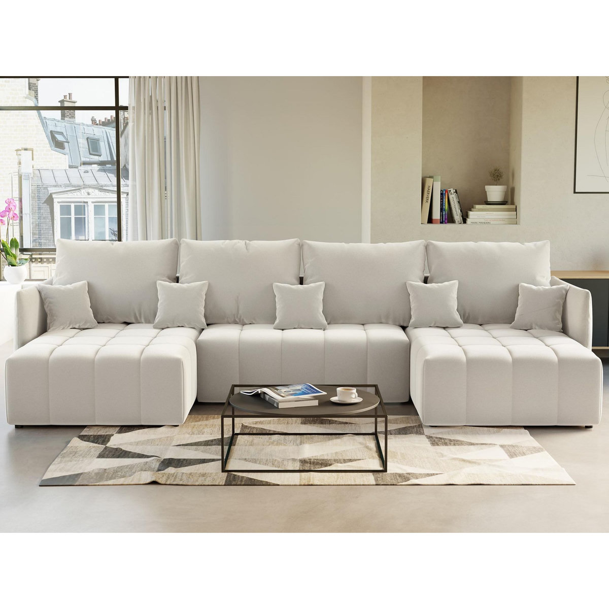 BEST MOBILIER Petra - canapé panoramique en u - 7 places - convertible - avec coffre - en velours