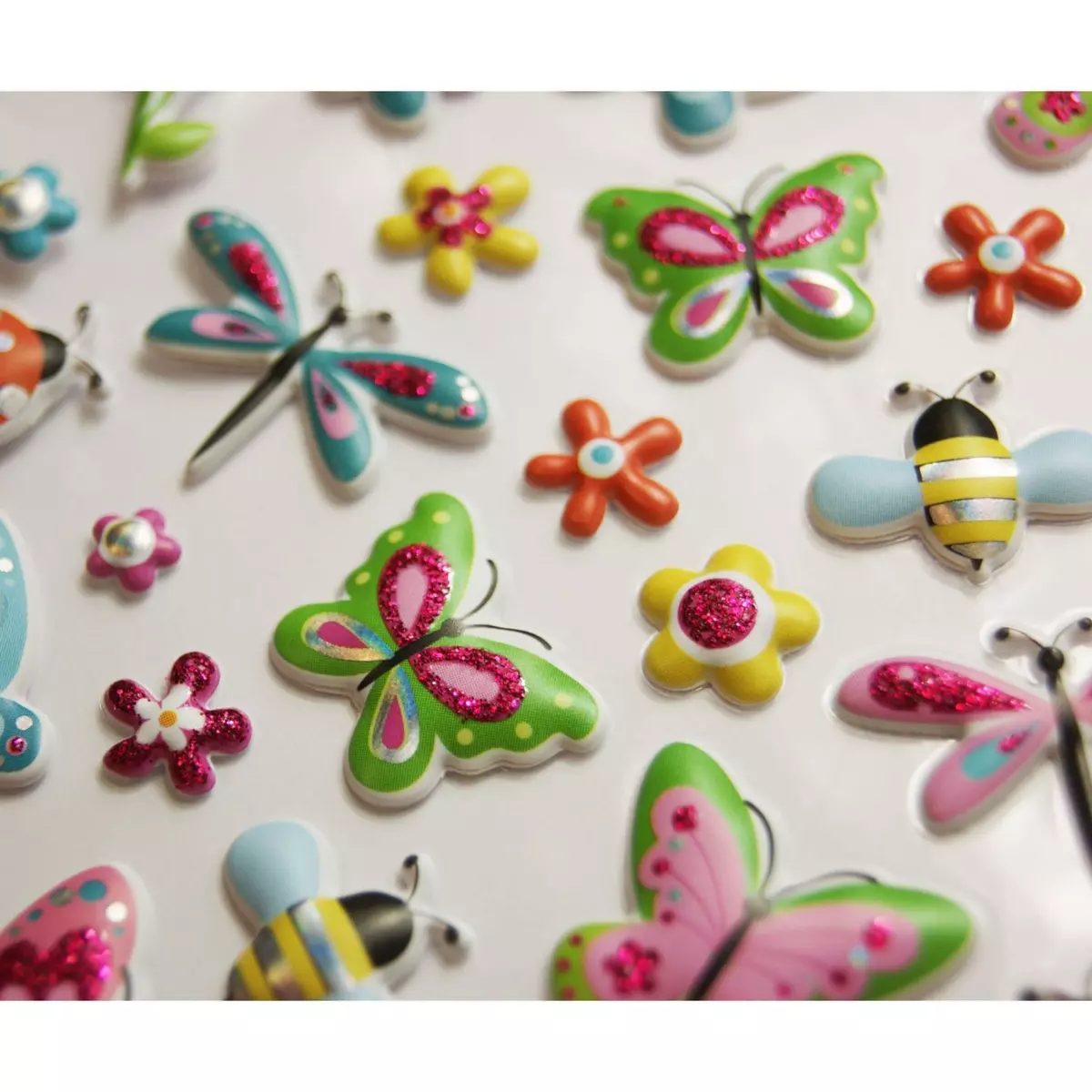  Autocollants réutilisables - Relief 3D - Papillons et fleurs - Paillettes
