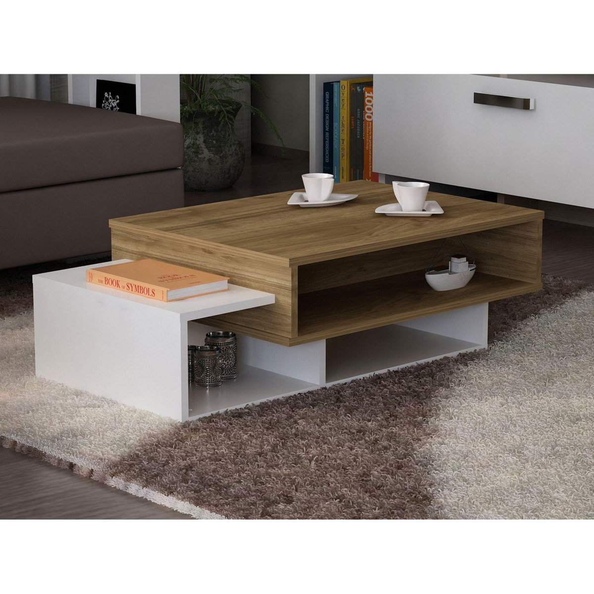 TOILINUX Table basse design scandinave Taby - L. 105 x H. 32 cm - Marron noix