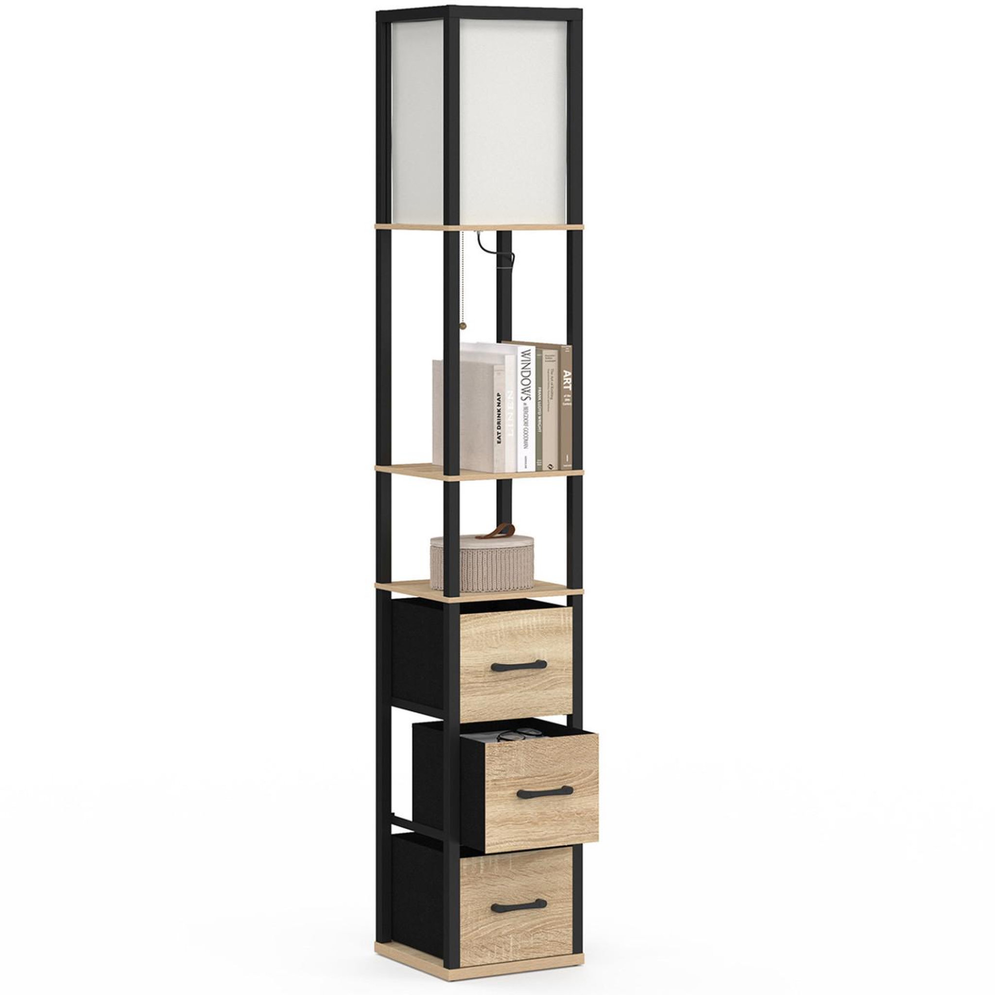 Voir la diapositive 4 : ID MARKET Lampadaire industriel en bois noir avec étagères bois clair 3 tiroirs tissu utah et abat-jour carré blanc